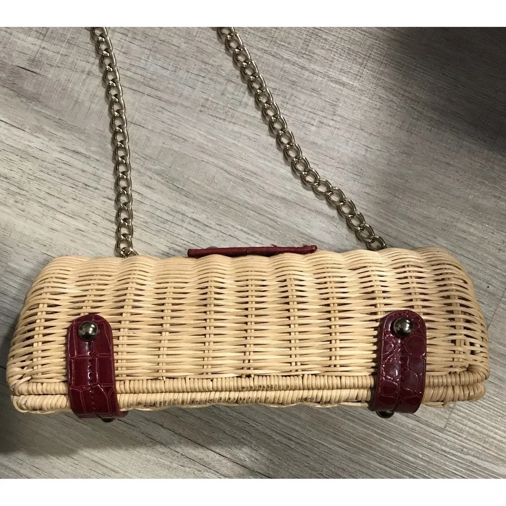 Vintage Straw Woven Handbag Red Leather Accents with Gold Chain